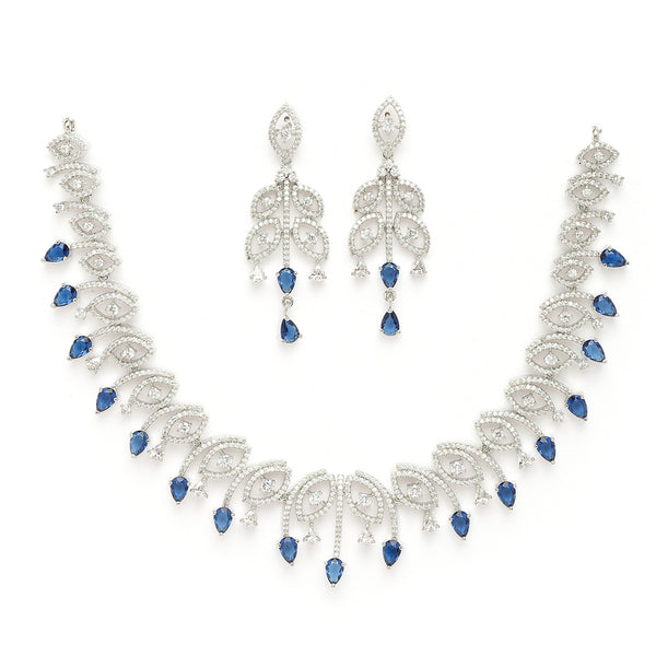 Rhodium Plated Silver Toned Blue & White American Diamond Studded Jewellery Set