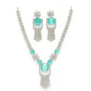 Rhodium Plated Silver Toned Sea Green & White American Diamond Studded Jewellery Set