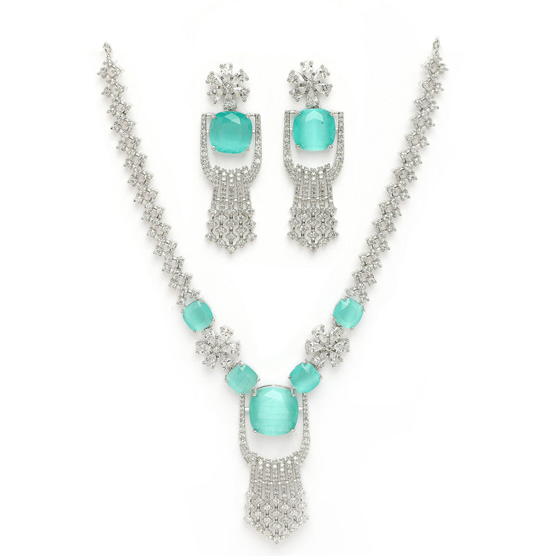 Rhodium Plated Silver Toned Sea Green & White American Diamond Studded Jewellery Set