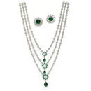 Rhodium Plated Silver Toned Green & White American Diamond Studded Multi Layered Necklace With Earrings Jewellery Set