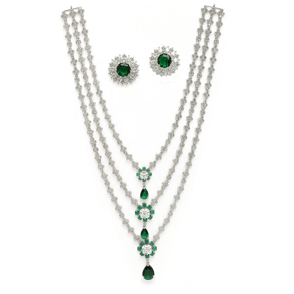 Rhodium Plated Silver Toned Green & White American Diamond Studded Multi Layered Necklace With Earrings Jewellery Set