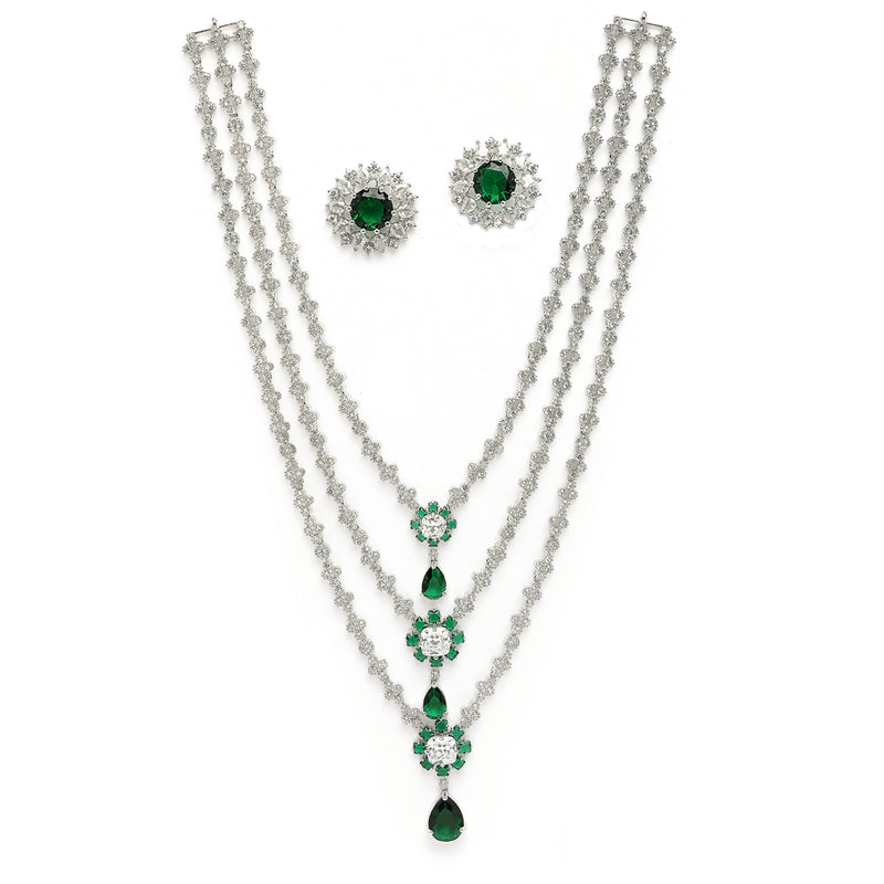Rhodium Plated Silver Toned Green & White American Diamond Studded Multi Layered Necklace With Earrings Jewellery Set