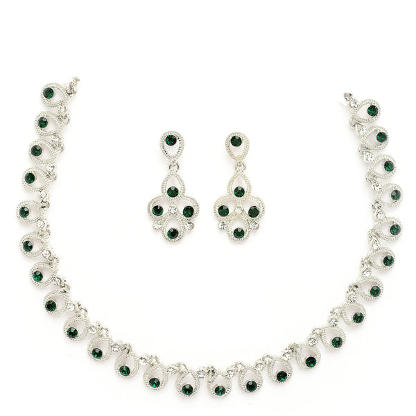 Rhodium Plated Silver Toned Teardrop Shaped Cubic Zirconia Studded Jewellery Set