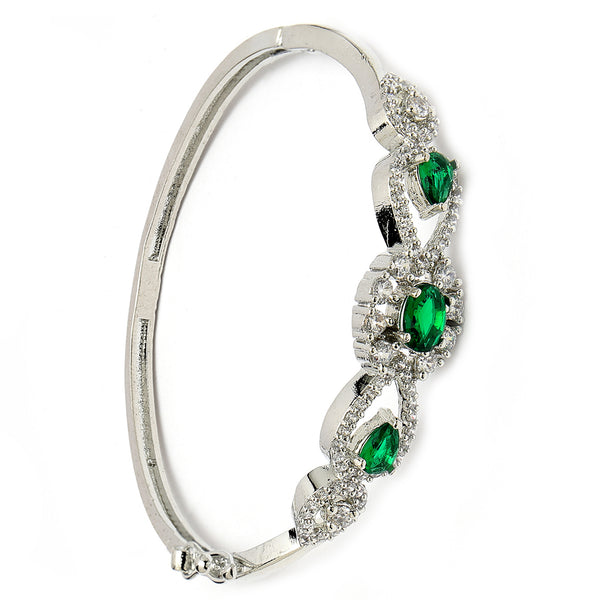 Rhodium Plated Silver Toned Oval & Teardrop Green American Diamond Studded Cuff Bracelet