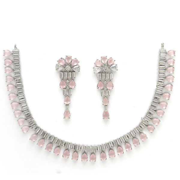 Rhodium Plated Silver Toned Pink AD Studded Classic Necklace With Floral Drop Earrings