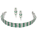 Oxidised Silver-Plated Green American Diamond Studded Multi-Strand Necklace Earrings Jewellery Set