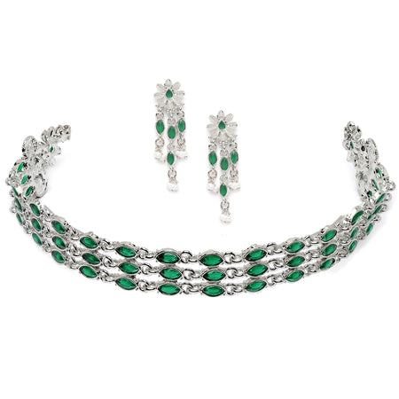 Oxidised Silver-Plated Green American Diamond Studded Multi-Strand Necklace Earrings Jewellery Set