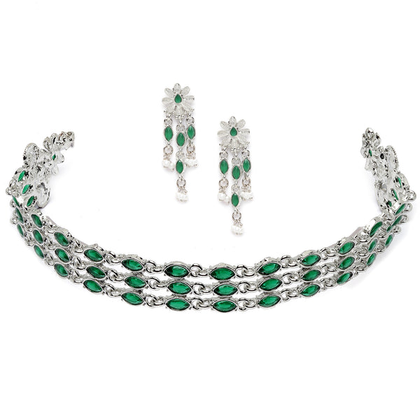 Oxidised Silver-Plated Green American Diamond Studded Multi-Strand Necklace Earrings Jewellery Set