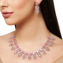 Rose Gold Plated Teardrop Shaped Floral Design & Pink Square AD Studded Necklace Set With Drop Earrings
