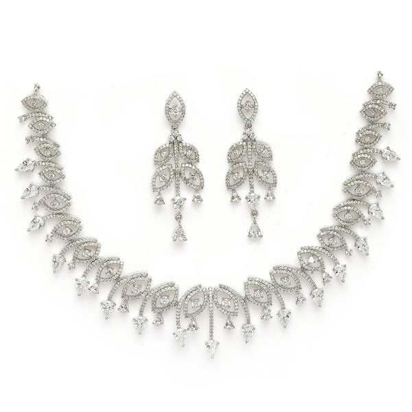 Rhodium Plated Silver Toned White American Diamond Studded Jewellery Set