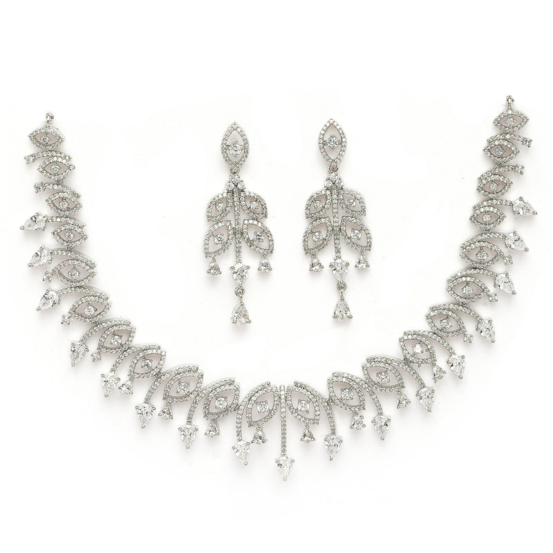 Rhodium Plated Silver Toned White American Diamond Studded Jewellery Set