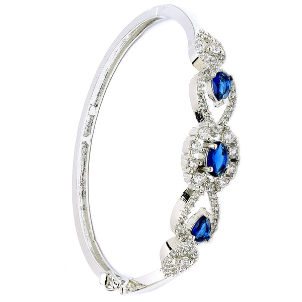 Rhodium Plated Silver Toned Oval & Teardrop Blue American Diamond Studded Cuff Bracelet