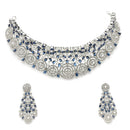 Rhodium Plated Silver Toned Round Design Blue  AD Studded Choker Necklace Set With Drop Earrings