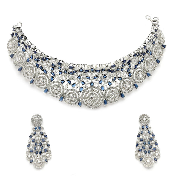 Rhodium Plated Silver Toned Round Design Blue  AD Studded Choker Necklace Set With Drop Earrings