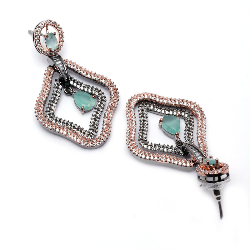 Rose Gold-Plated Gunmetal Toned Sea Green American Diamond studded Layered Drop Earrings