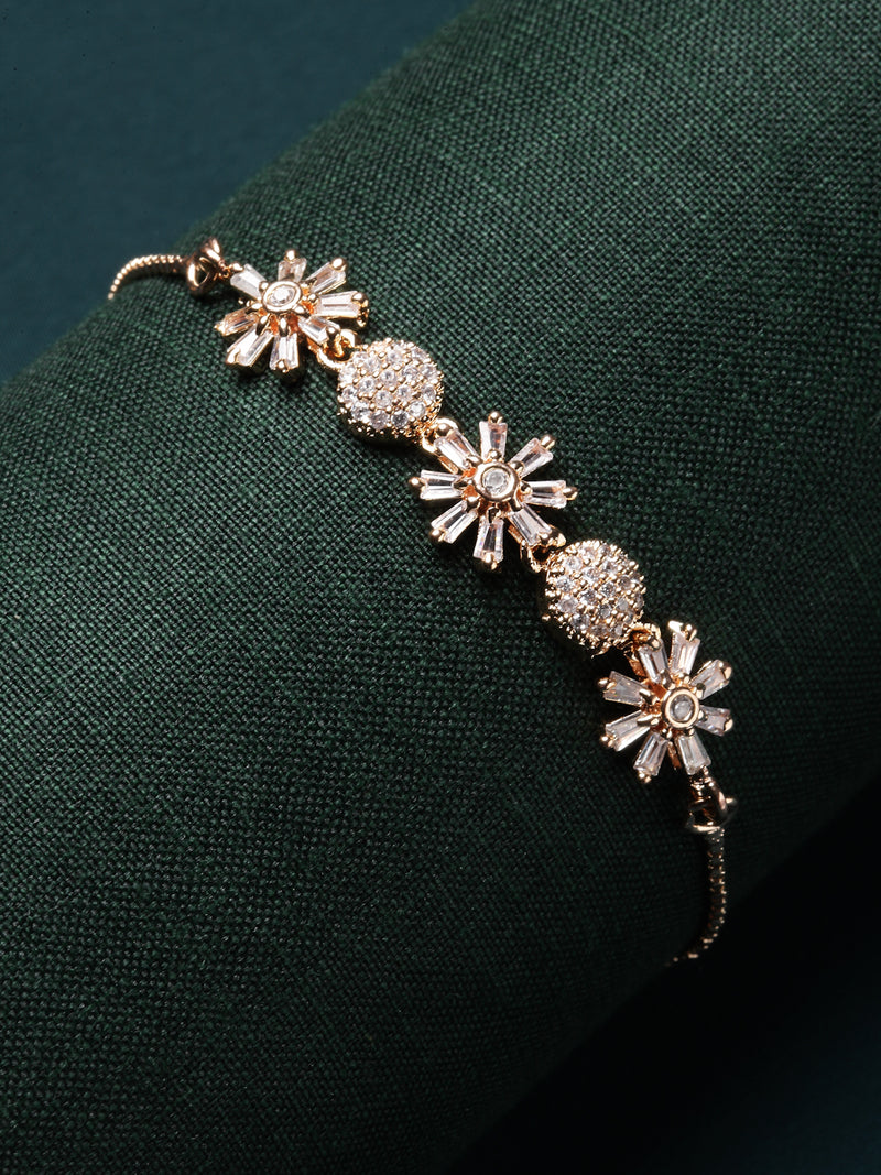 Rose Gold-Plated Flower & Round Shaped White American Diamond studded Bracelet