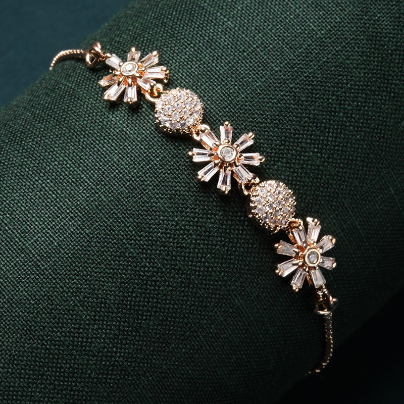Rose Gold-Plated Flower & Round Shaped White American Diamond studded Bracelet
