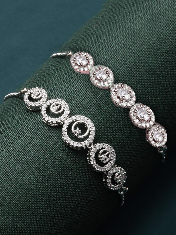 Rhodium Plated Silver Toned American Diamond Studded  Round Design Charm Adjustable Bracelet Combo Set of 2