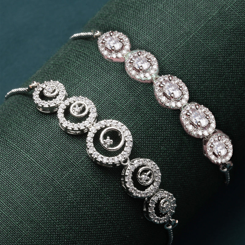 Rhodium Plated Silver Toned American Diamond Studded  Round Design Charm Adjustable Bracelet Combo Set of 2