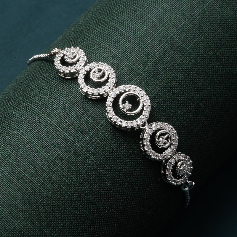 Rhodium-Plated Silver Toned Circular Shaped White American Diamond studded  Bracelet