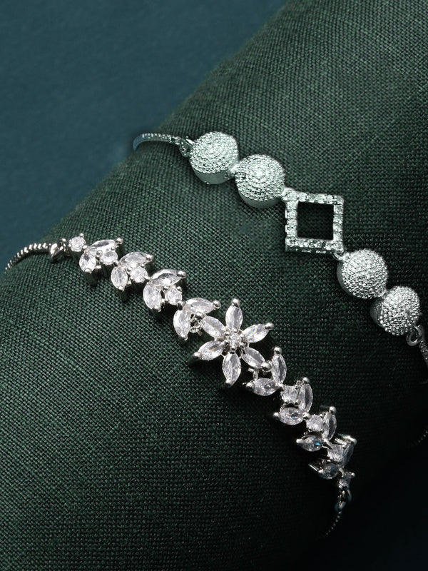 Rhodium Plated Silver Toned American Diamond Studded Square Charm & White Floral Design Adjustable Bracelet Combo Set of 2
