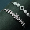 Rhodium Plated Silver Toned American Diamond Studded Square Charm & White Floral Design Adjustable Bracelet Combo Set of 2
