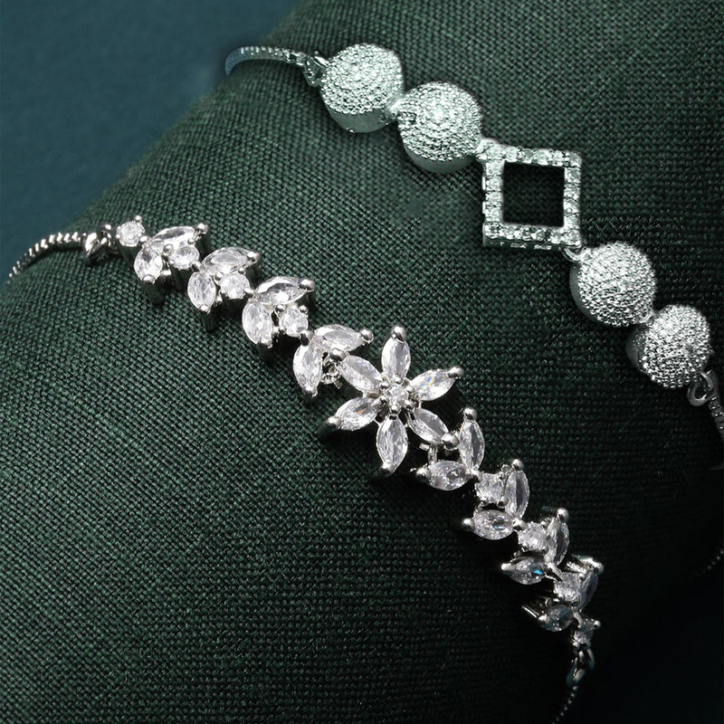 Rhodium Plated Silver Toned American Diamond Studded Square Charm & White Floral Design Adjustable Bracelet Combo Set of 2
