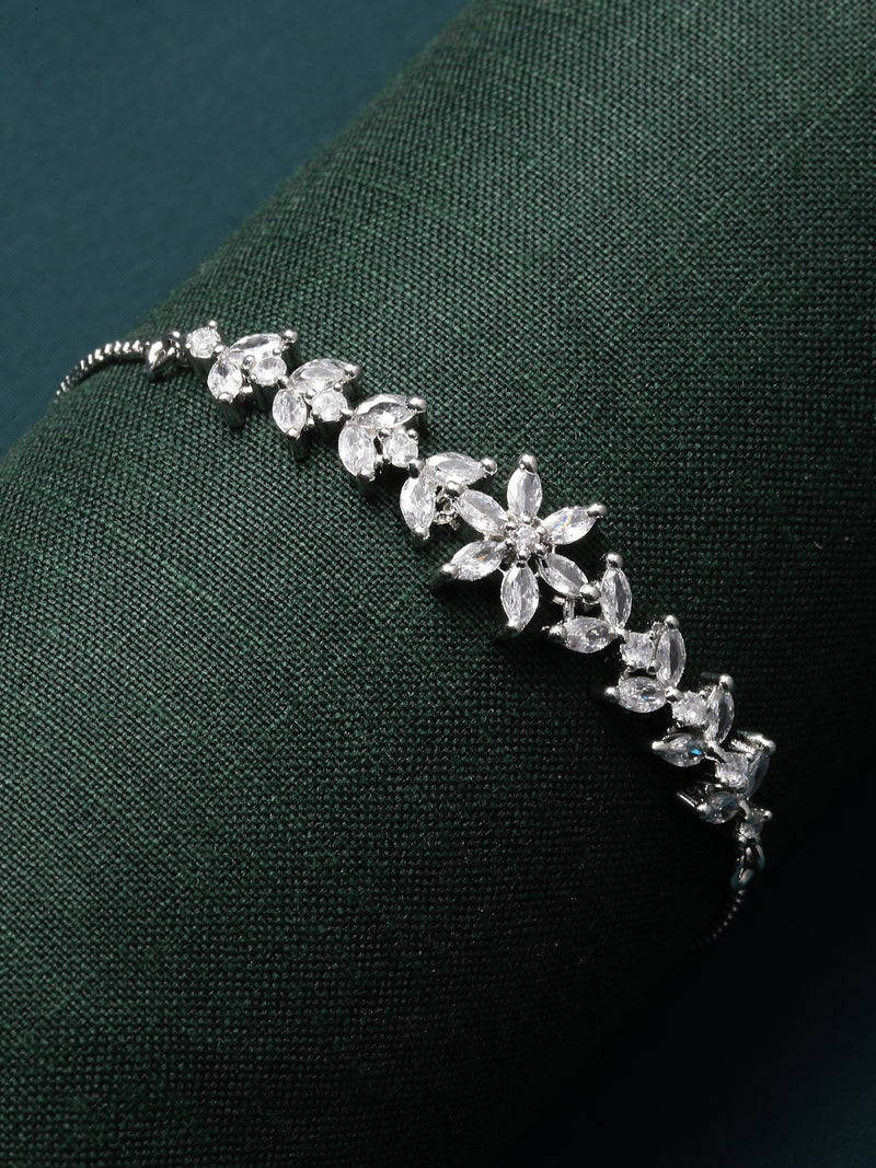 Rhodium Plated Silver Toned White Floral Shaped American Diamond Studded  Bracelet