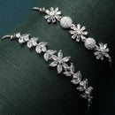 Rhodium Plated Silver Toned White Floral Set Of 2 Adjustable Stackable Bracelet