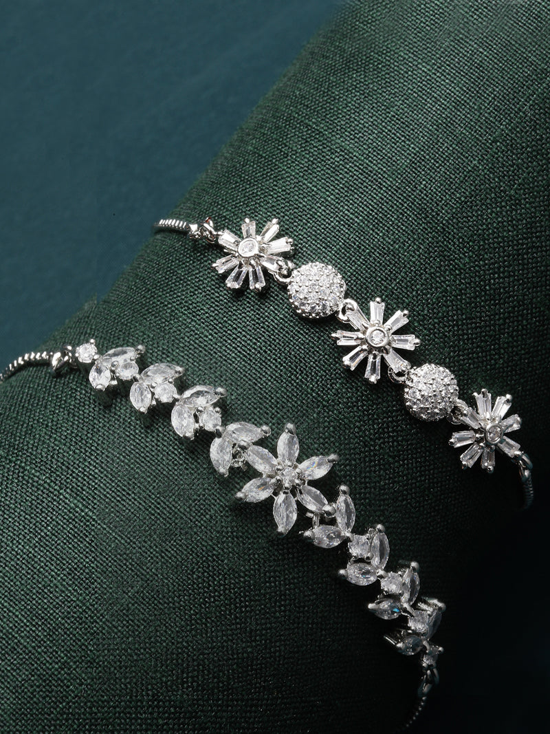 Rhodium Plated Silver Toned White Floral Set Of 2 Adjustable Stackable Bracelet