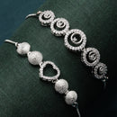 Rhodium Plated Silver Toned American Diamond Studded Heart & Round Design Charm Adjustable Bracelet Combo Set of 2