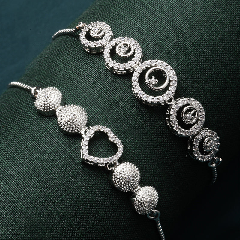 Rhodium Plated Silver Toned American Diamond Studded Heart & Round Design Charm Adjustable Bracelet Combo Set of 2