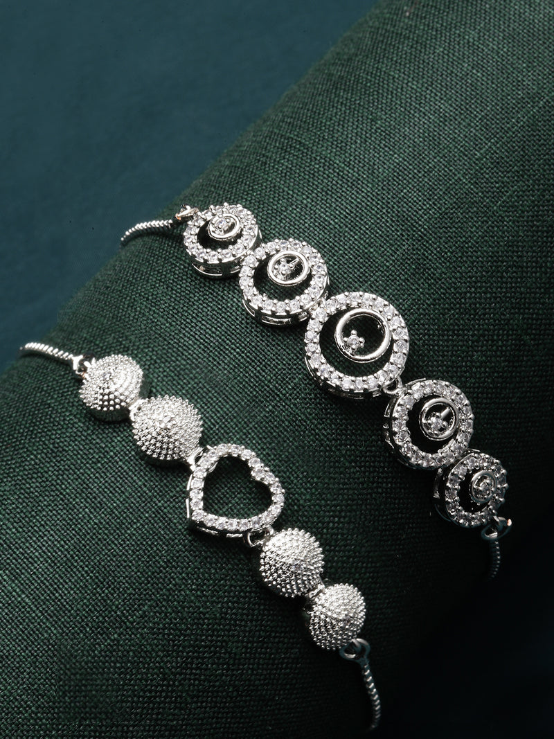 Rhodium Plated Silver Toned American Diamond Studded Heart & Round Design Charm Adjustable Bracelet Combo Set of 2