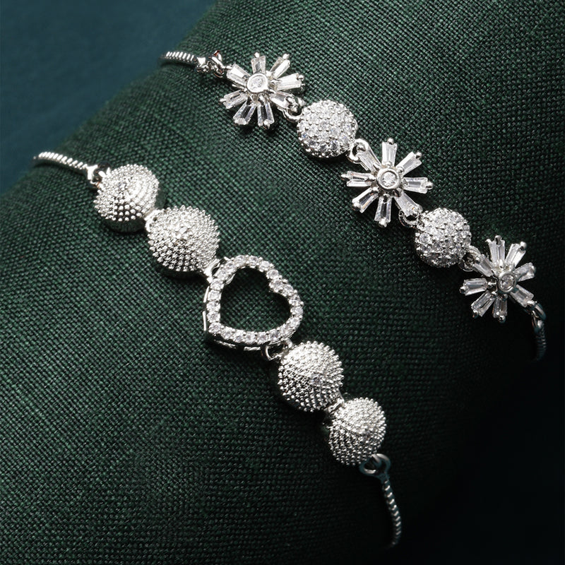 Rhodium Plated Silver Toned American Diamond Studded Halo Heart Charm & Floral Design Adjustable Bracelet Combo Set of 2