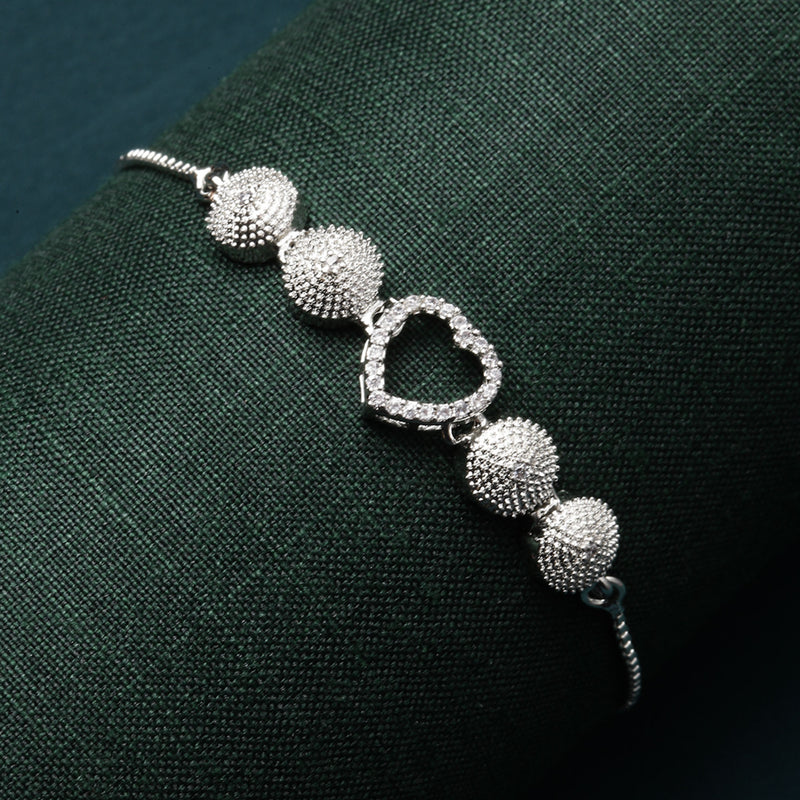 Rhodium-Plated Silver Toned  Heart Shaped White American Diamond studded Bracelet