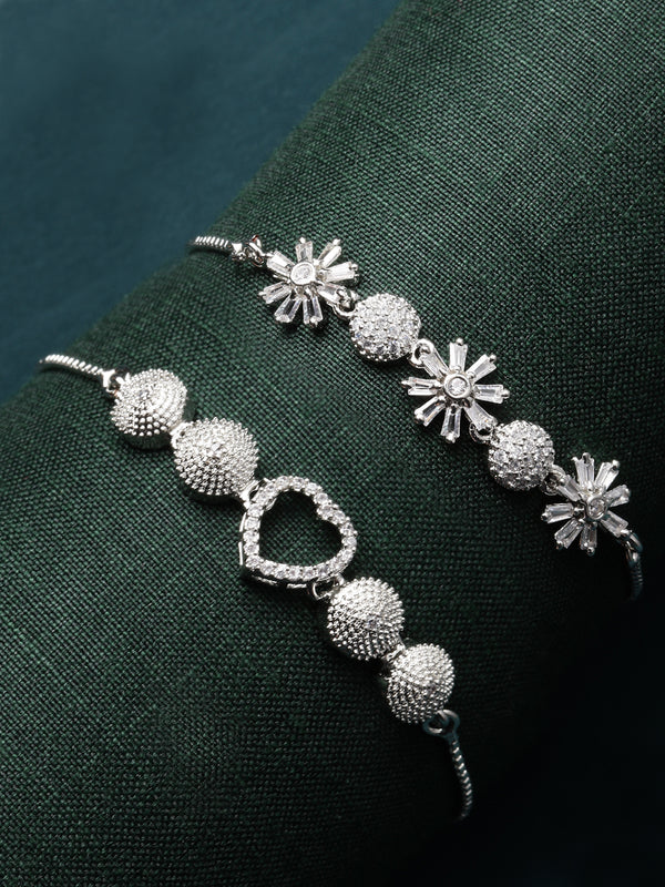 Rhodium Plated Silver Toned American Diamond Studded Halo Heart Charm & Floral Design Adjustable Bracelet Combo Set of 2