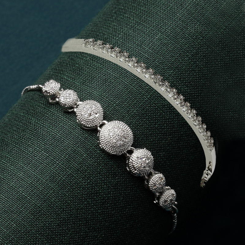 Rhodium Plated Silver Toned American Diamond Studded Bracelet combo Set of 2