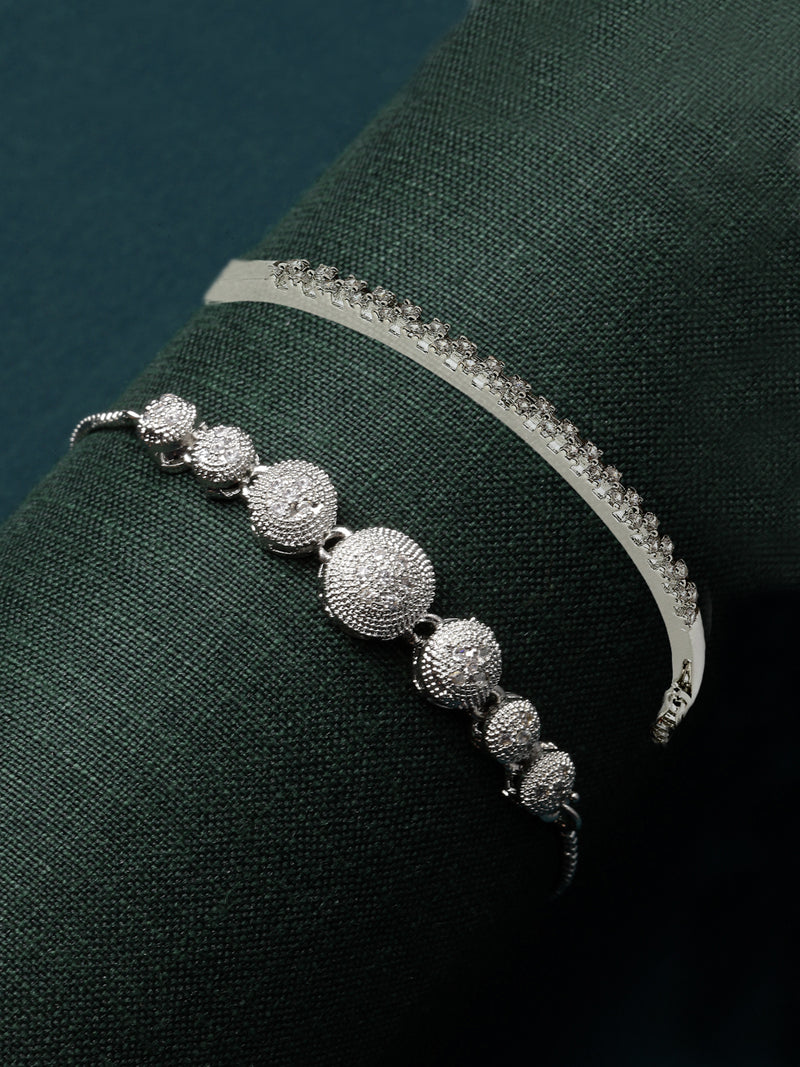 Rhodium Plated Silver Toned American Diamond Studded Bracelet combo Set of 2