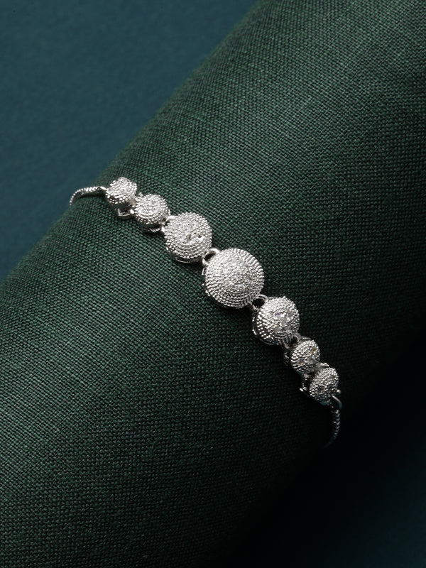 Rhodium-Plated Silver Toned White American Diamond studded Round Shaped Link Bracelet