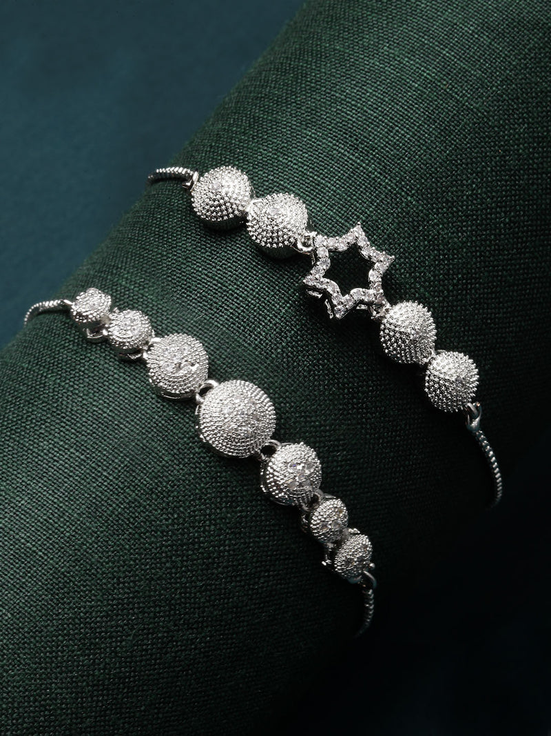 Rhodium Plated Silver Toned American Diamond Studded Round & Star Charm Adjustable Bracelet Combo Set of 2