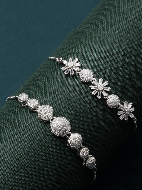 Rhodium Plated Silver Toned American Diamond Studded Floral Design & Round Charm Adjustable Bracelet Combo Set of 2