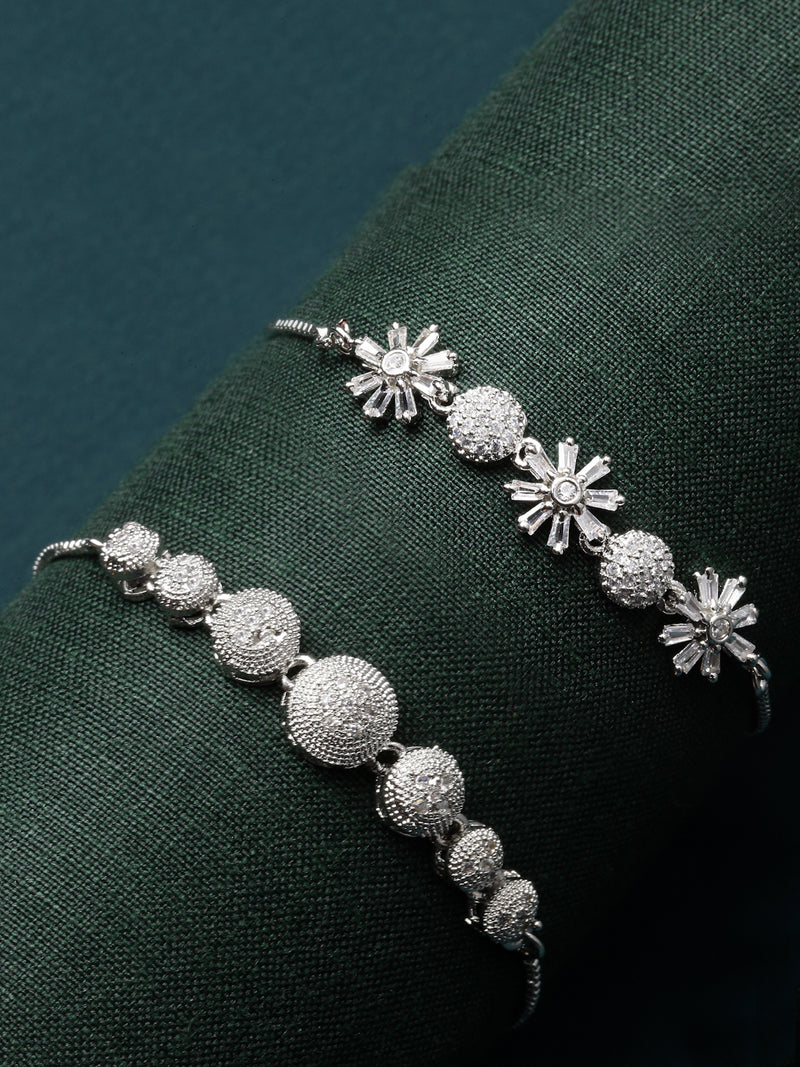 Rhodium Plated Silver Toned American Diamond Studded Floral Design & Round Charm Adjustable Bracelet Combo Set of 2