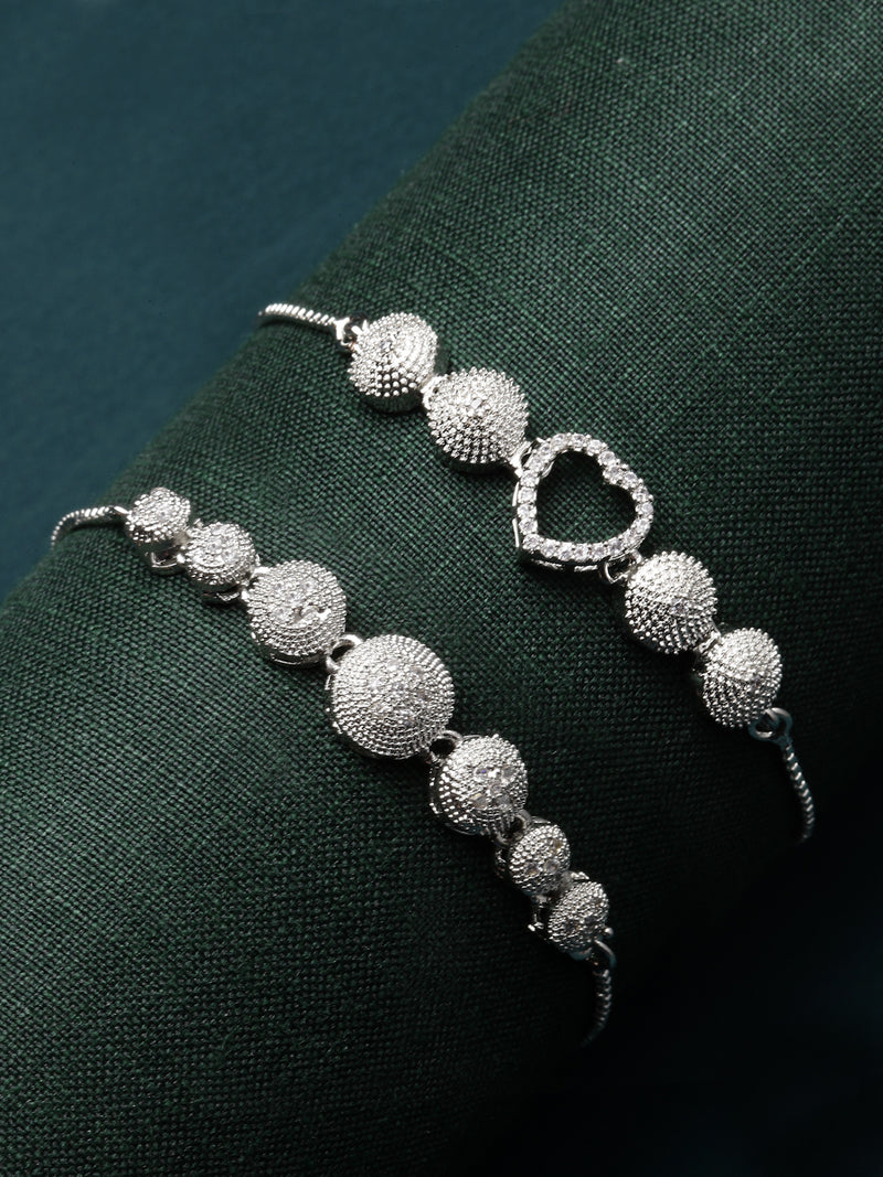 Rhodium Plated Silver Toned American Diamond Studded Heart & Round Charm Adjustable Bracelet Combo Set of 2