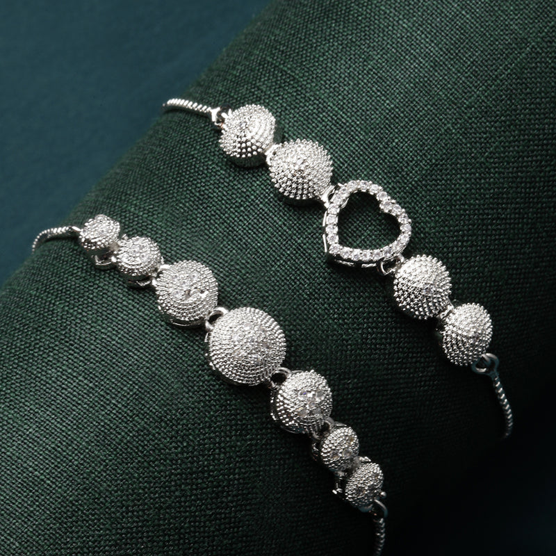 Rhodium Plated Silver Toned American Diamond Studded Heart & Round Charm Adjustable Bracelet Combo Set of 2