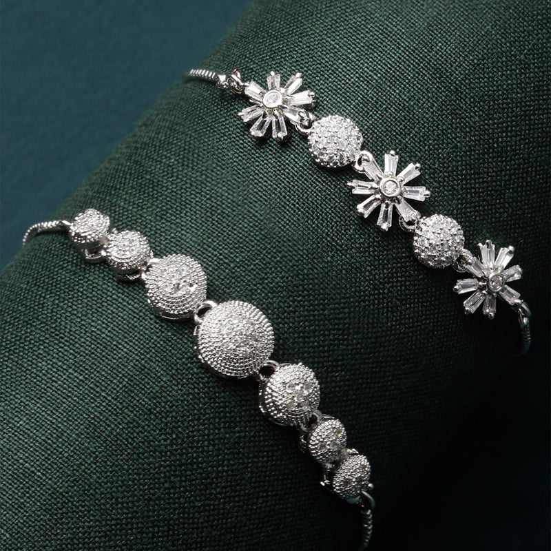 Rhodium Plated Silver Toned American Diamond Studded Floral Design & Round Charm Adjustable Bracelet Combo Set of 2