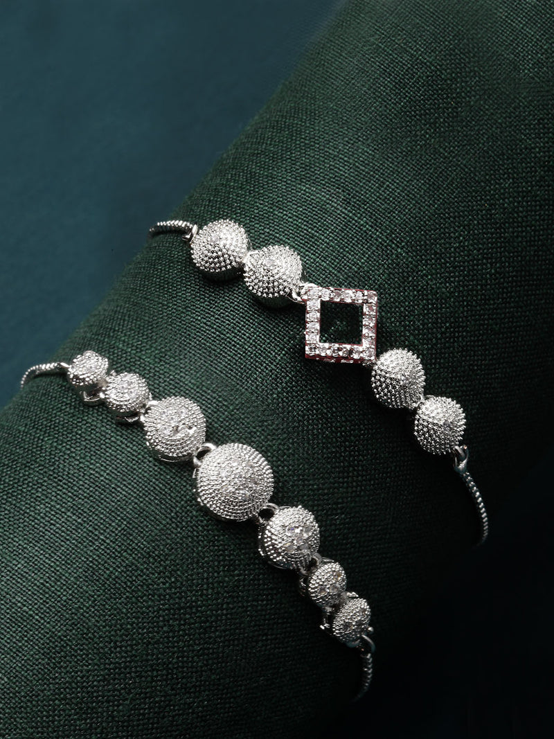 Rhodium Plated Silver Toned American Diamond Studded Square & Round Charm Adjustable Bracelet Combo Set of 2