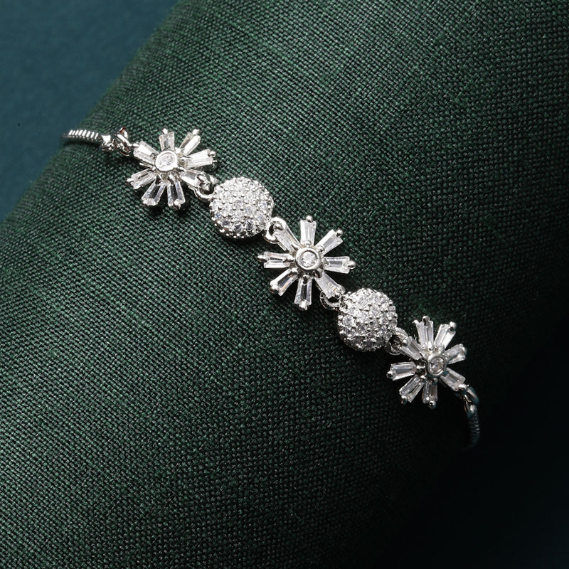 Rhodium-Plated Silver Toned Flower & Round Shaped White American Diamond studded Bracelet
