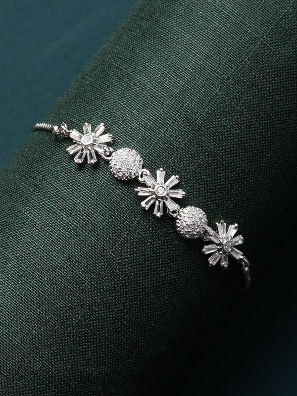 Rhodium-Plated Silver Toned White American Diamond studded Flower & Round Shaped Link Bracelet