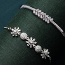 Rhodium Plated Silver Toned Floral Design Set Of 2 Adjustable Bracelet & Classic Bracelet
