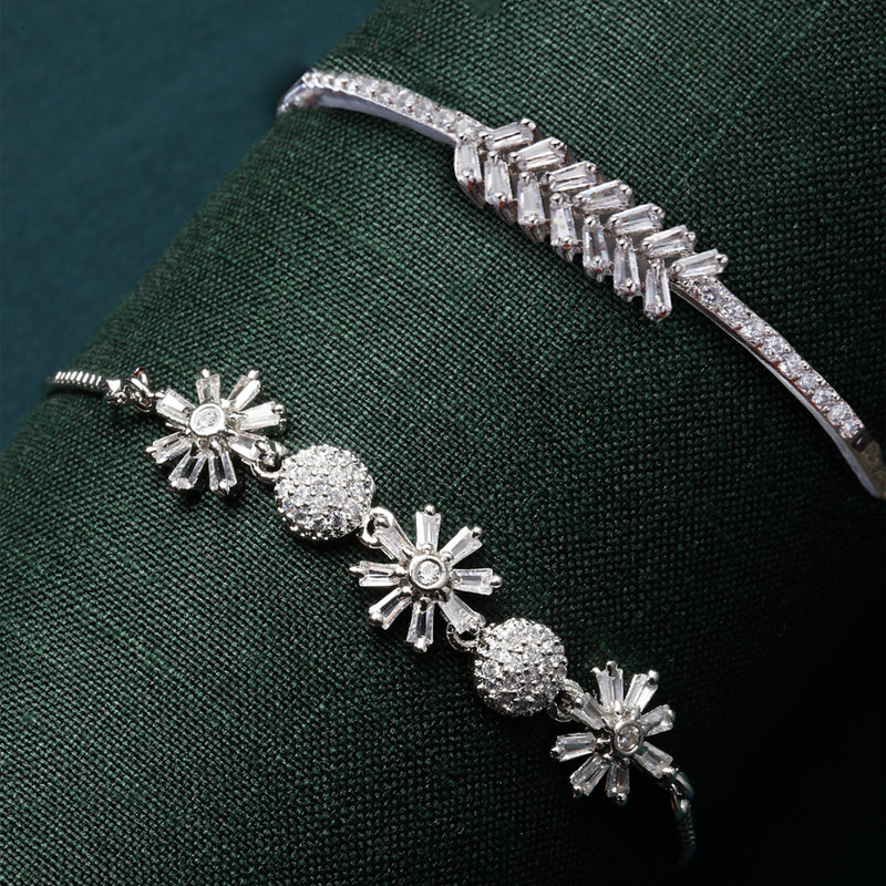 Rhodium Plated Silver Toned Floral Design Set Of 2 Adjustable Bracelet & Classic Bracelet